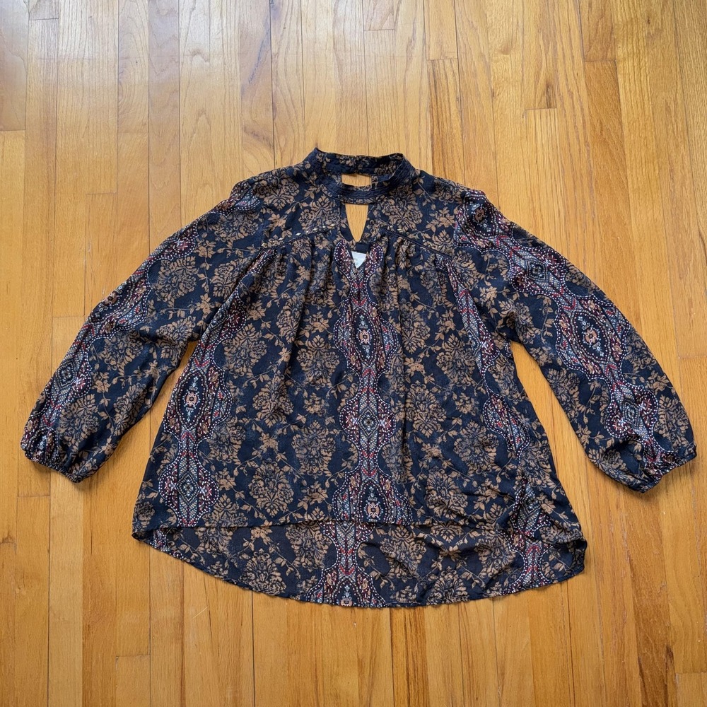Knox Rose Blouse XXL Blue Floral Embroidered‎ Boho Tunic Top Long Sleeve Keyhole
